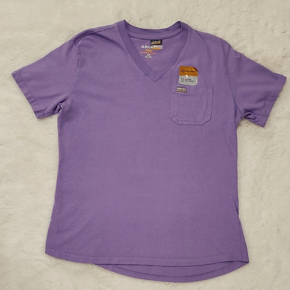 Ariat Woman's Lavender Purple V-Neck Tee with Pocket Medium NWT Rebar Cotton